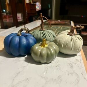 Decorative Velvet and Ceramic Pumpkin Set - Blue and Sage